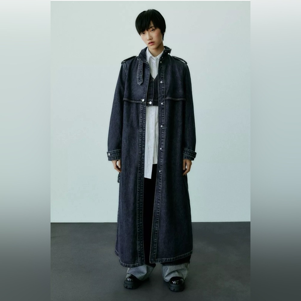 ZARA TRF DARK DENIM TRENCH Size Medium - Picture 3 of 10
